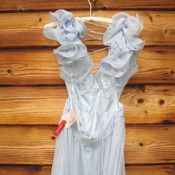 NWT Mac Duggal 67911 Ruffled Tiered Cut Out Chiffon Gown Dress Blue 2 - Picture 11 of 15